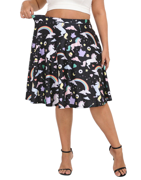 Plus Size Graphic Midi Skater Skirt with Pockets