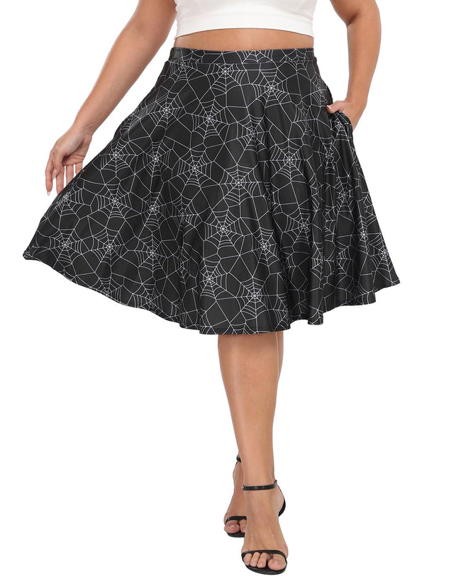 HDE Midi Skirt - Womens Plus Size Skater High Waist Knee Length with Pockets Spi - Spiderweb