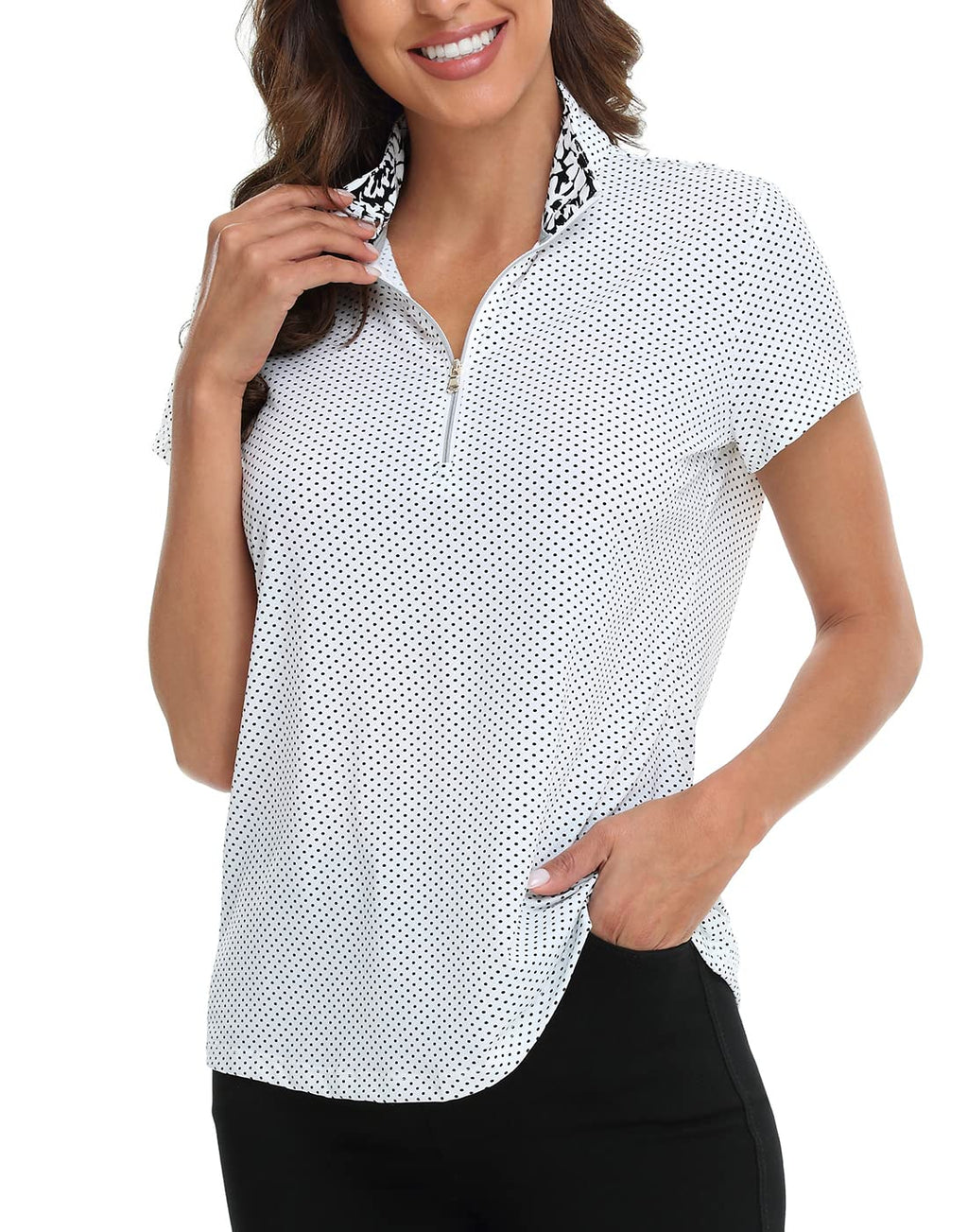 LRD Golf Shirts for Women - Polo Short Sleeve Quarter Zip Mock Neck Tennis UPF 3 - Polka Dots / Floral