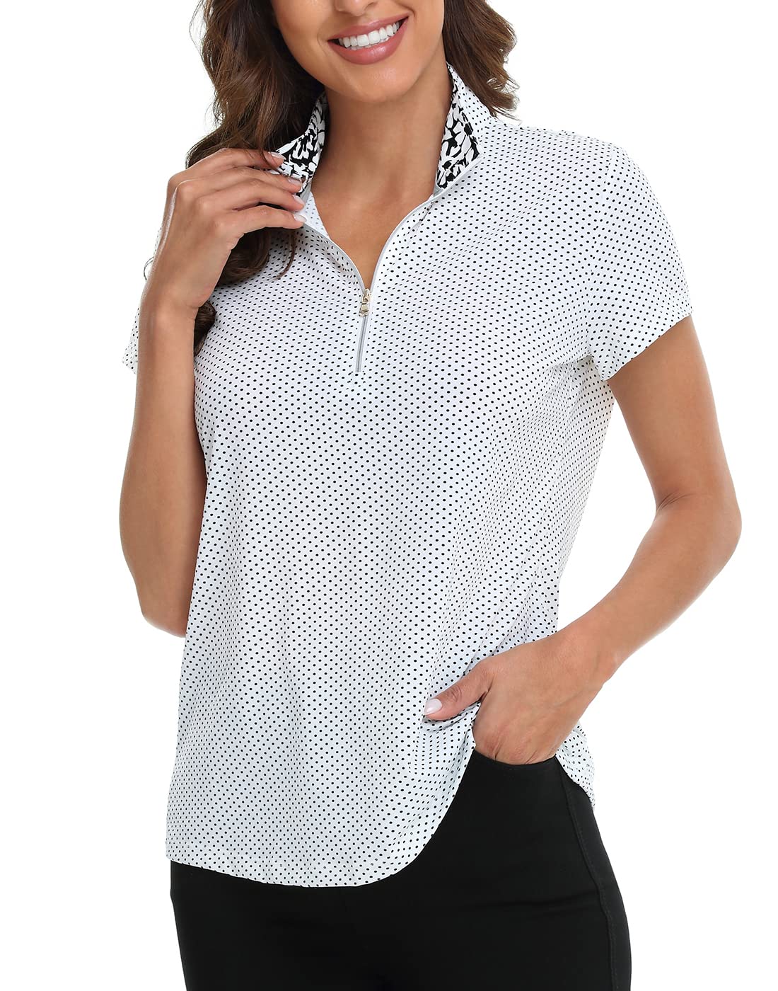 LRD Golf Shirts for Women - Polo Short Sleeve Quarter Zip Mock Neck Tennis UPF 3 - Polka Dots / Floral