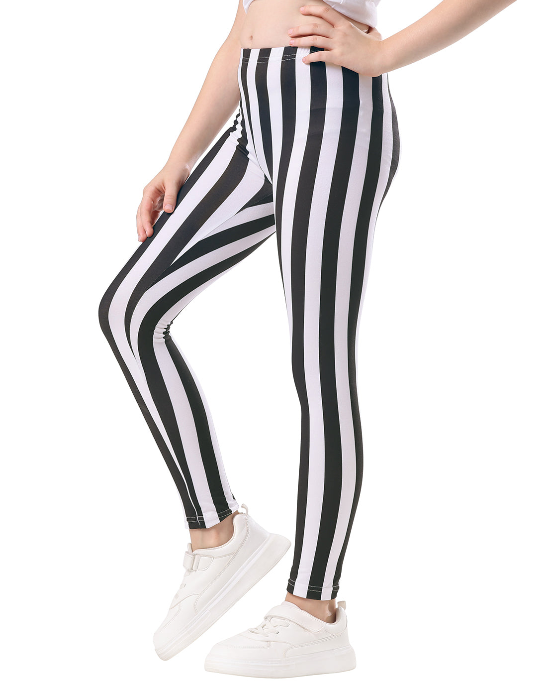 Girl's Black and White Vertical Stripes Ultra Soft Leggings Secondary image
