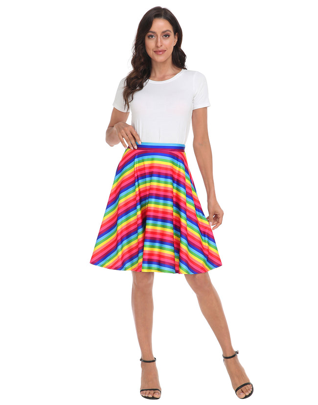 Striped Rainbow Midi Skirt Pleated Skater – alternate view