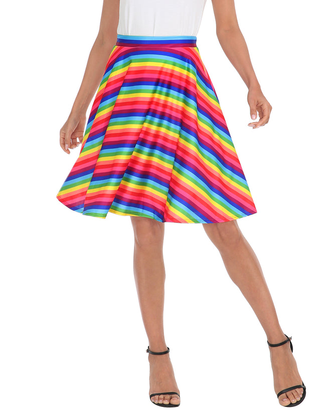 Striped Rainbow Midi Skirt Pleated Skater – side view