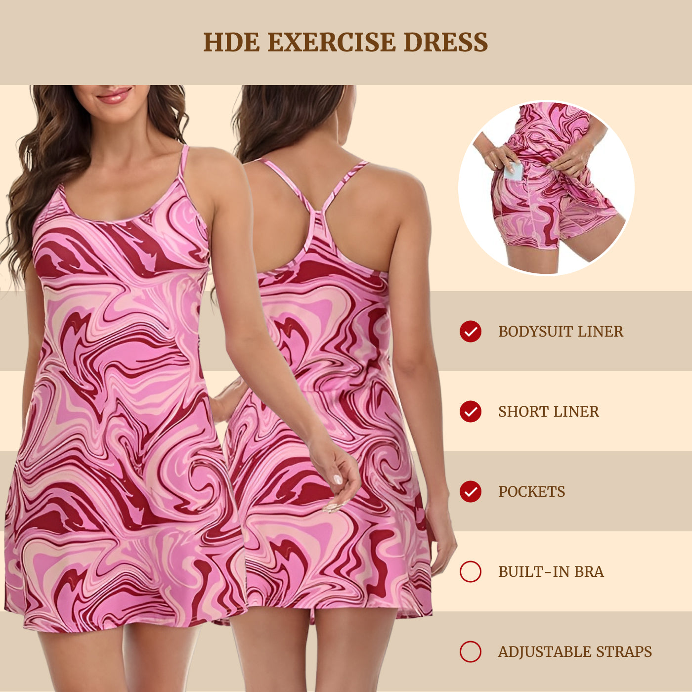 Pink Marble Swirl Exercise Workout Dress With Built-In Shorts Secondary image