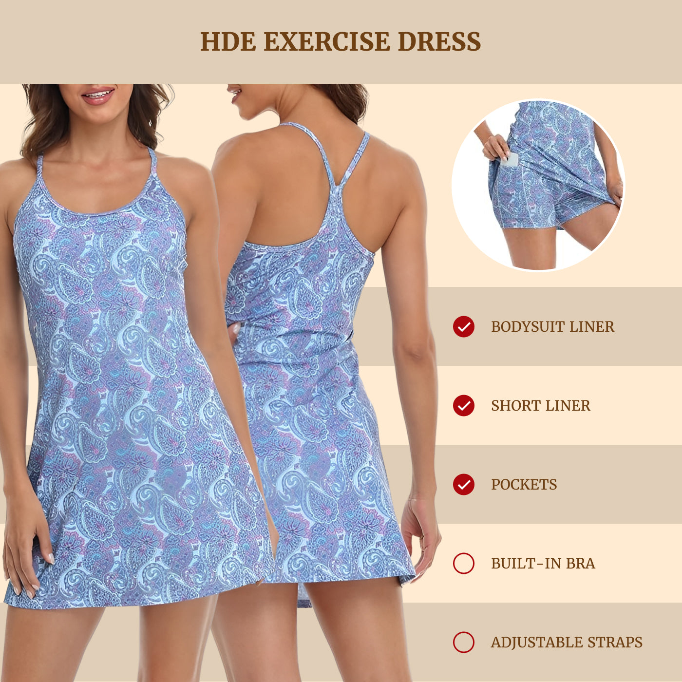 Bandana Paisley Exercise Workout Dress With Built-In Shorts Secondary image