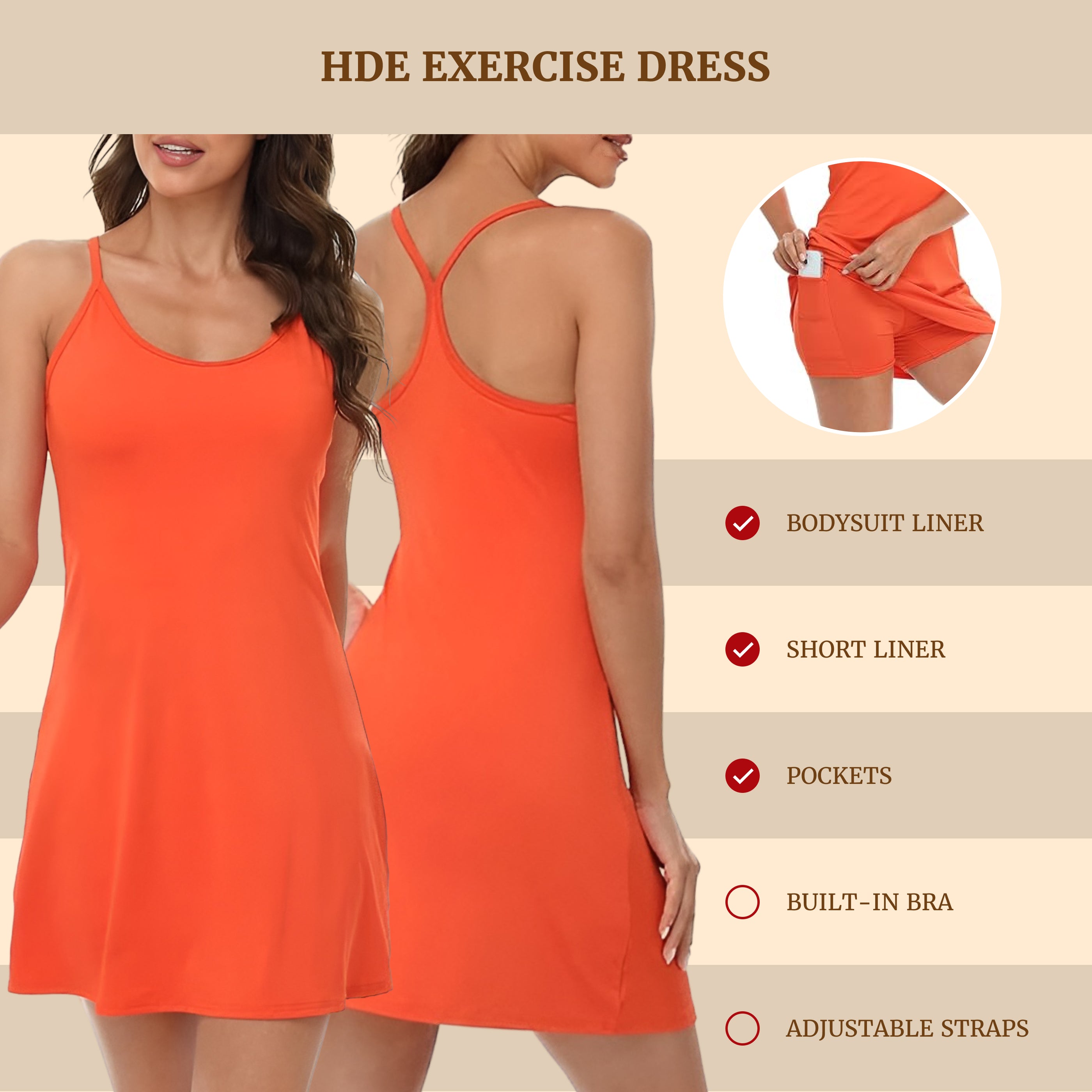 Spicy Orange Exercise Workout Dress With Built-In Shorts