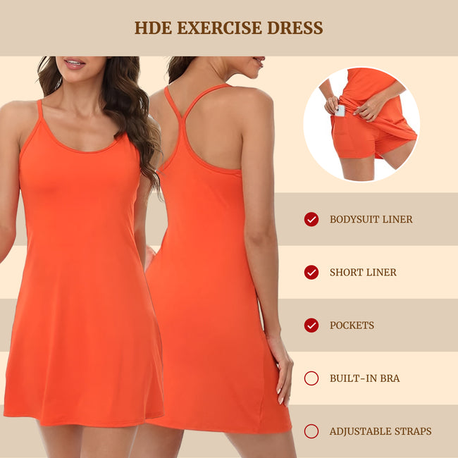 Spicy Orange Workout Dress Built In Shorts – back view