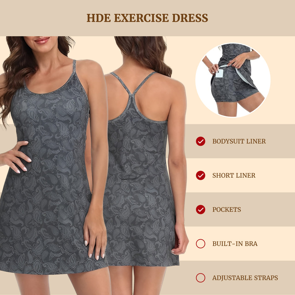 Dark Paisley Exercise Workout Dress With Built-In Shorts