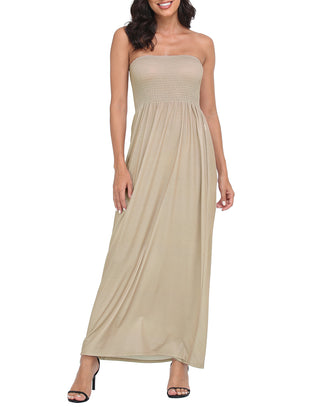 Strapless Summer Maxi Dress Smocked in Beige