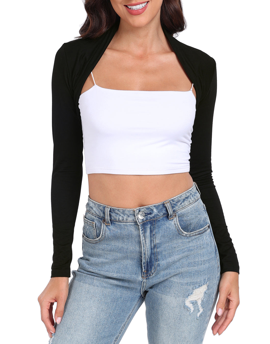 Black Open Front Shrugs Long Sleeve Bolero Cropped Cardigan Sweater Main image