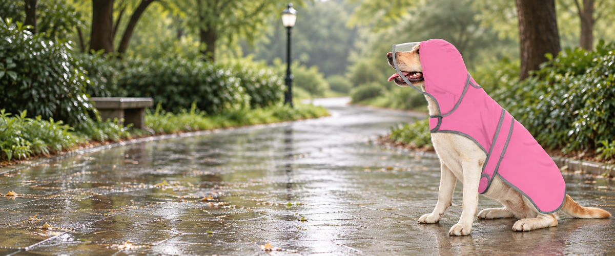 Dog wearing an HDE pink raincoat with a clear hood on a park path