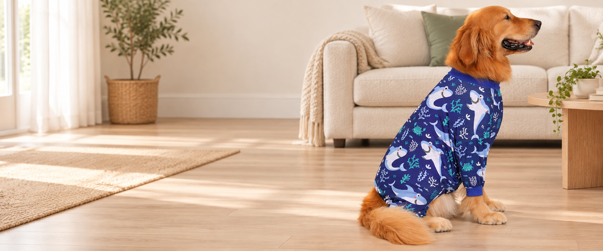 Golden retriever wearing HDE navy shark-print dog pajamas at home