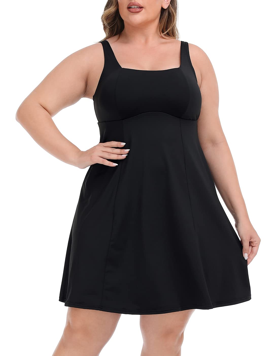 HDE plus size black tennis dress with built-in shorts and bra - front view Main image