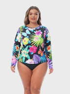 Retro Paradise Plus Size Long Sleeve Rash Guard for Women