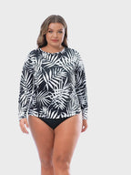 Tropical Black Plus Size Long Sleeve Rash Guard for Women