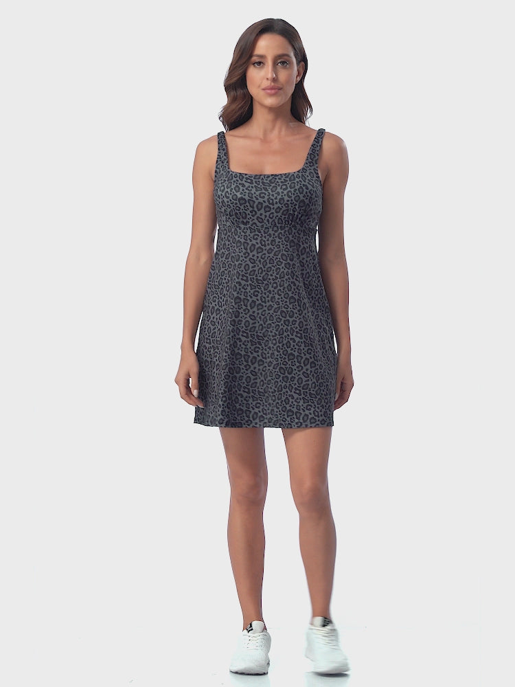 Black Leopard Exercise Workout Dress with Built-in Bra and Shorts