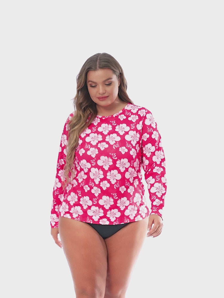 Red Hibiscus Plus Size Long Sleeve Rash Guard for Women