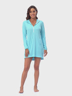 Blue Beach Coverup Long Sleeve Swim Dress with Hood