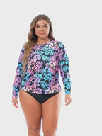 Hawaiian Black Plus Size Long Sleeve Rash Guard for Women