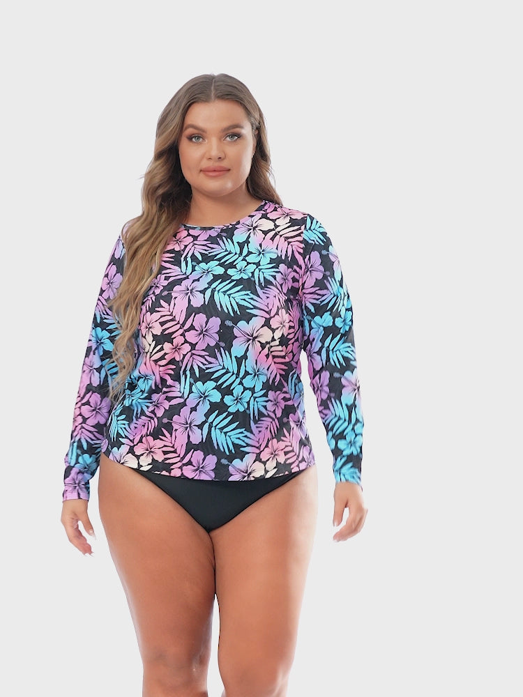 Hawaiian Black Plus Size Long Sleeve Rash Guard for Women