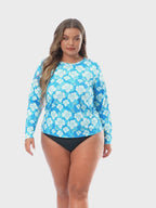 Blue Hibiscus Plus Size Long Sleeve Rash Guard for Women
