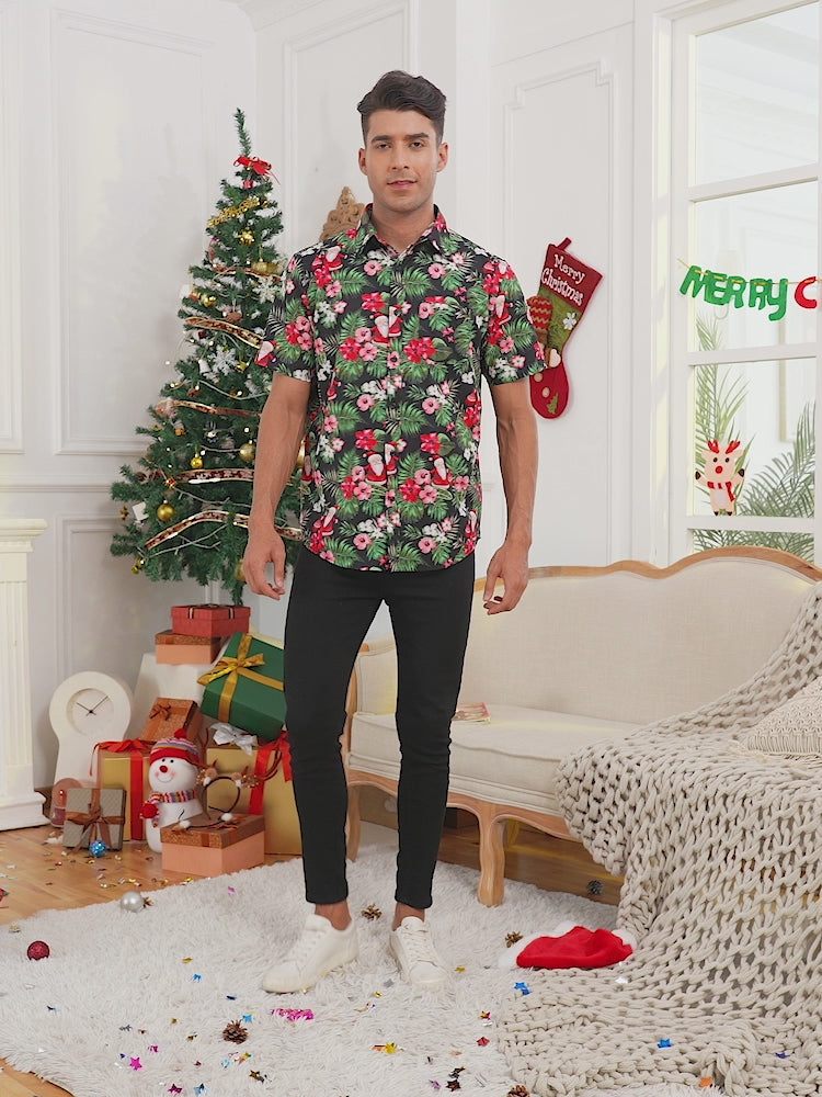 Tropical Santa Hawaiian Christmas Button Down Short Sleeve Shirts