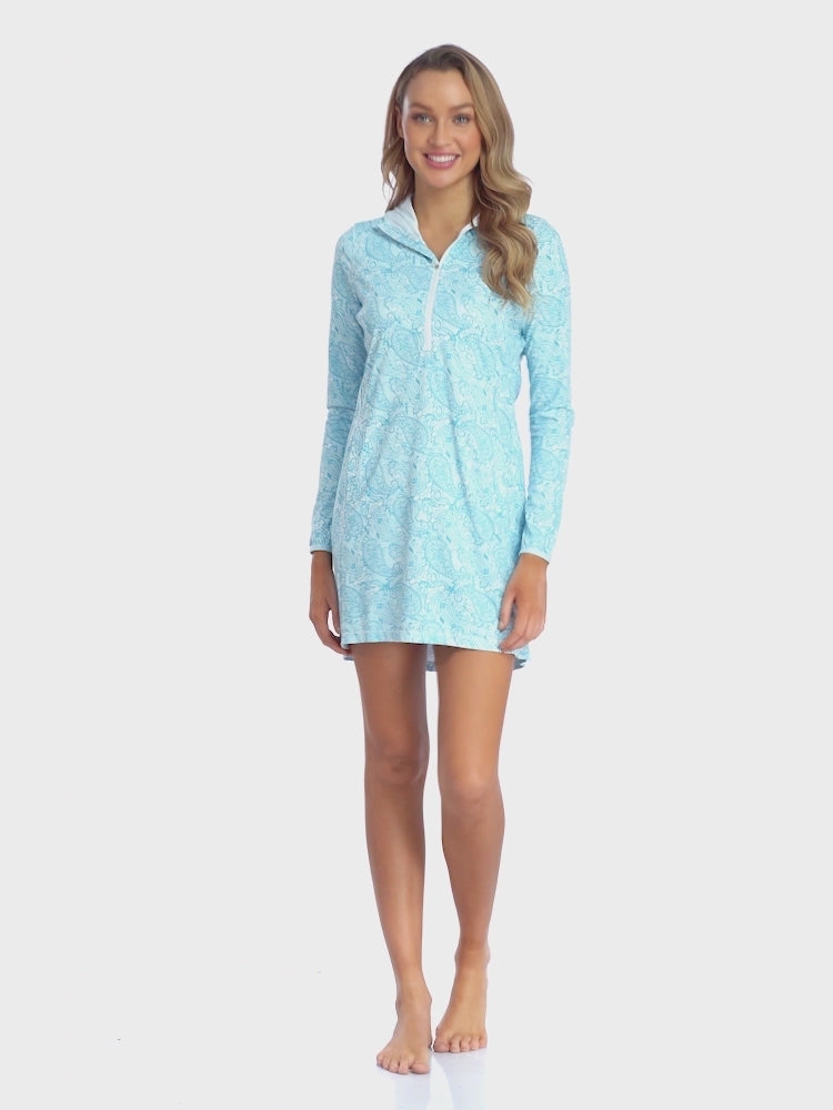 Teal Paisley Beach Coverup Long Sleeve Swim Dress with Hood
