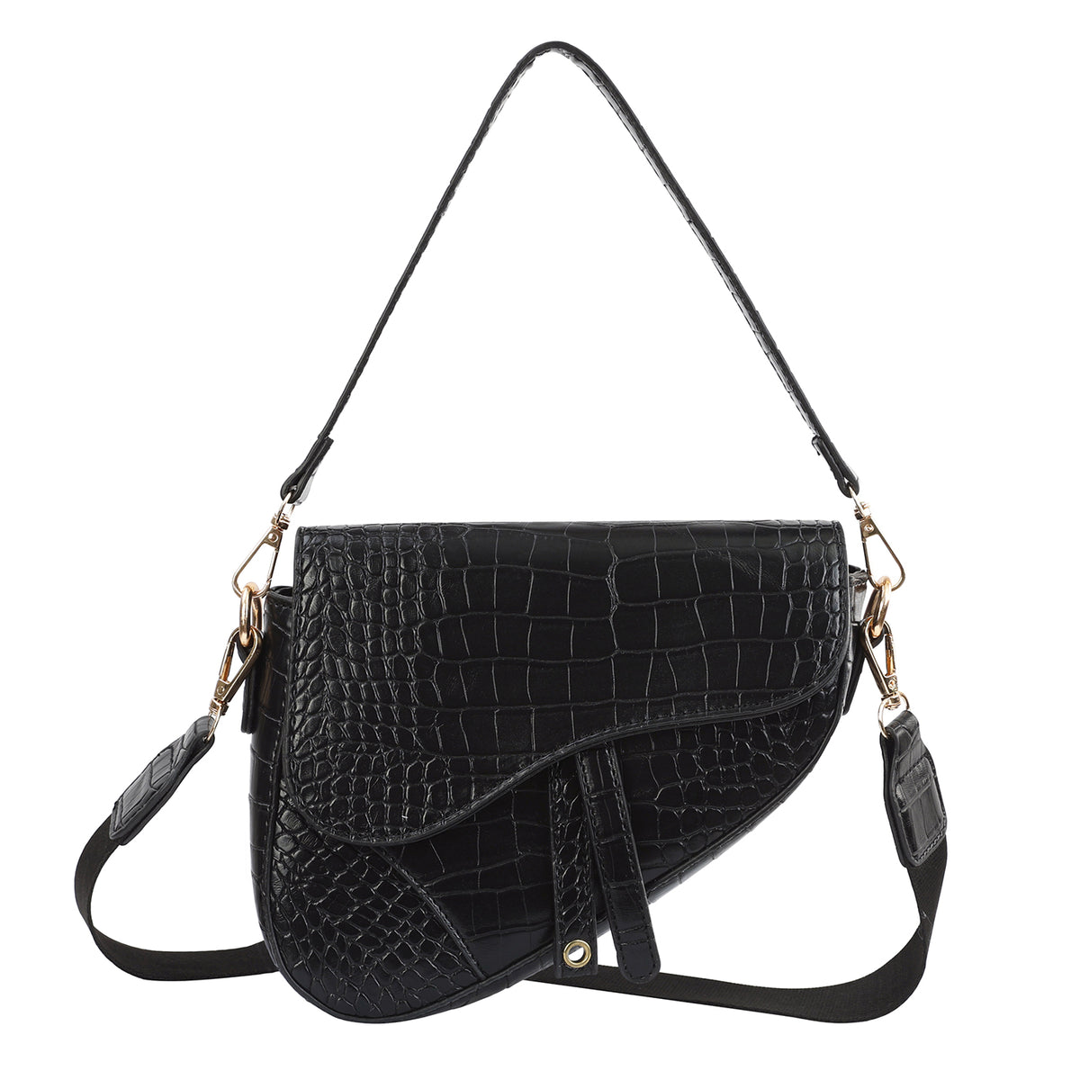 Saddle Shoulder Bag Croc Patent Leather in Black Crocodile