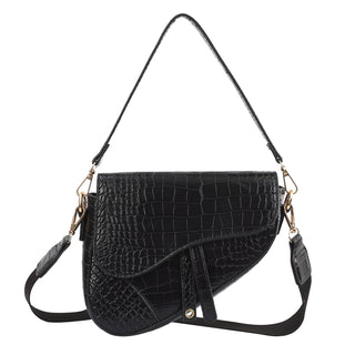 Saddle Shoulder Bag Croc Patent Leather in Black Crocodile