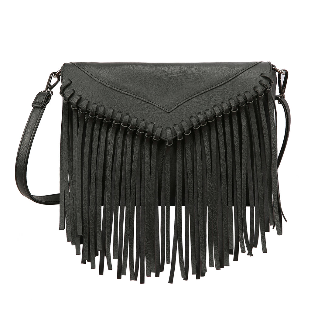 Black PU Leather Hobo Fringe Crossbody Tassel Purse Small Handbag