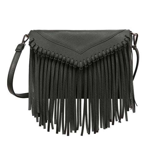 Black PU Leather Hobo Fringe Crossbody Tassel Purse Small Handbag