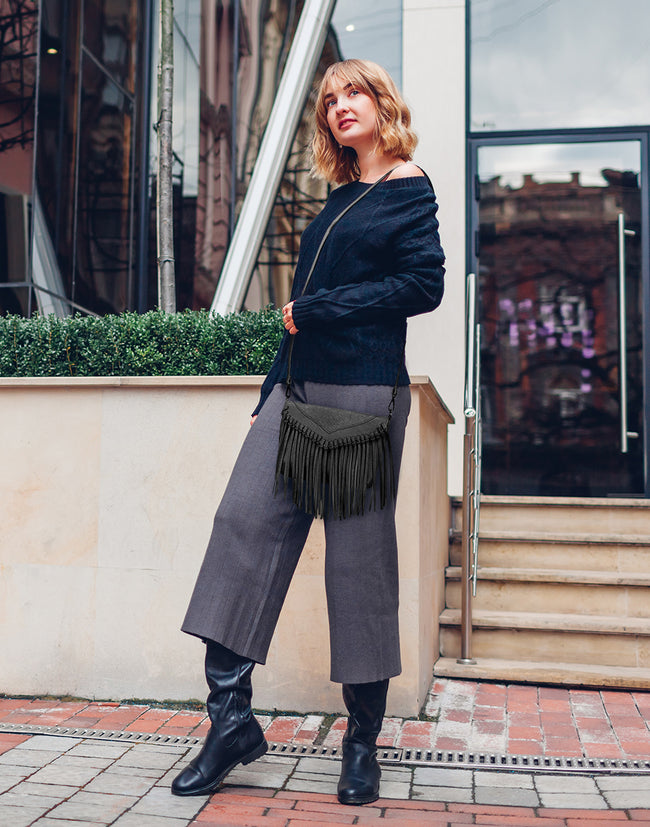 Black Fringe Crossbody Purse PU Leather – alternate view