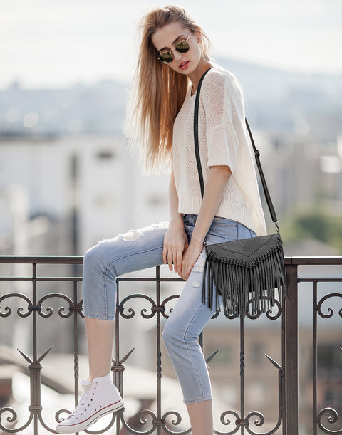 Black PU Leather Hobo Fringe Crossbody Tassel Purse Small Handbag