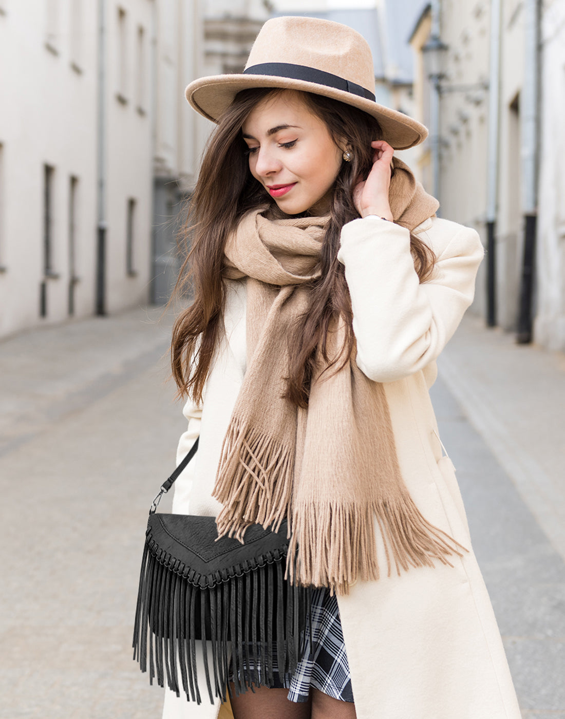 Black PU Leather Hobo Fringe Crossbody Tassel Purse Small Handbag