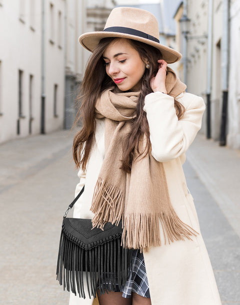 Black PU Leather Hobo Fringe Crossbody Tassel Purse Small Handbag