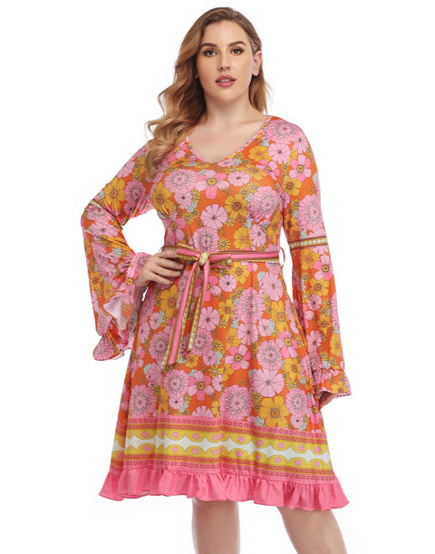 Hippie Floral Plus Size Bell Sleeve Dress