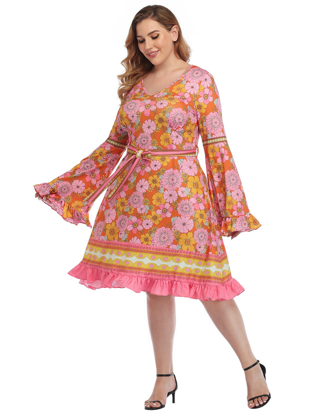 Hippie Floral Bell Sleeve Dress Plus Size – back view