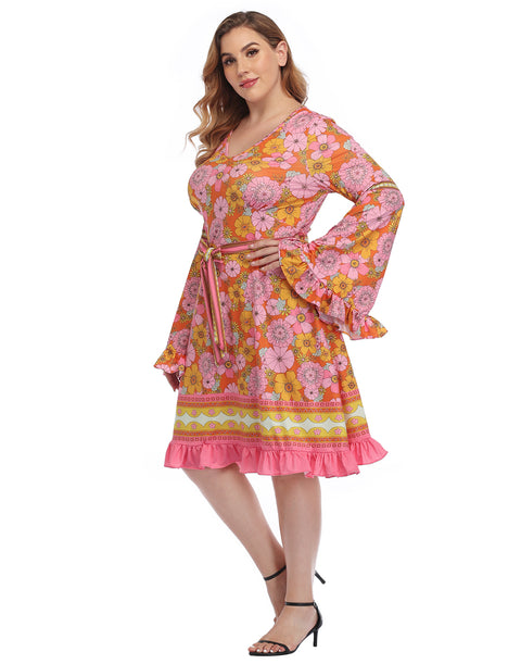 Hippie Floral Plus Size Bell Sleeve Dress