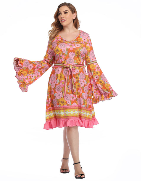 Hippie Floral Plus Size Bell Sleeve Dress