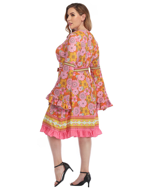 Hippie Floral Plus Size Bell Sleeve Dress