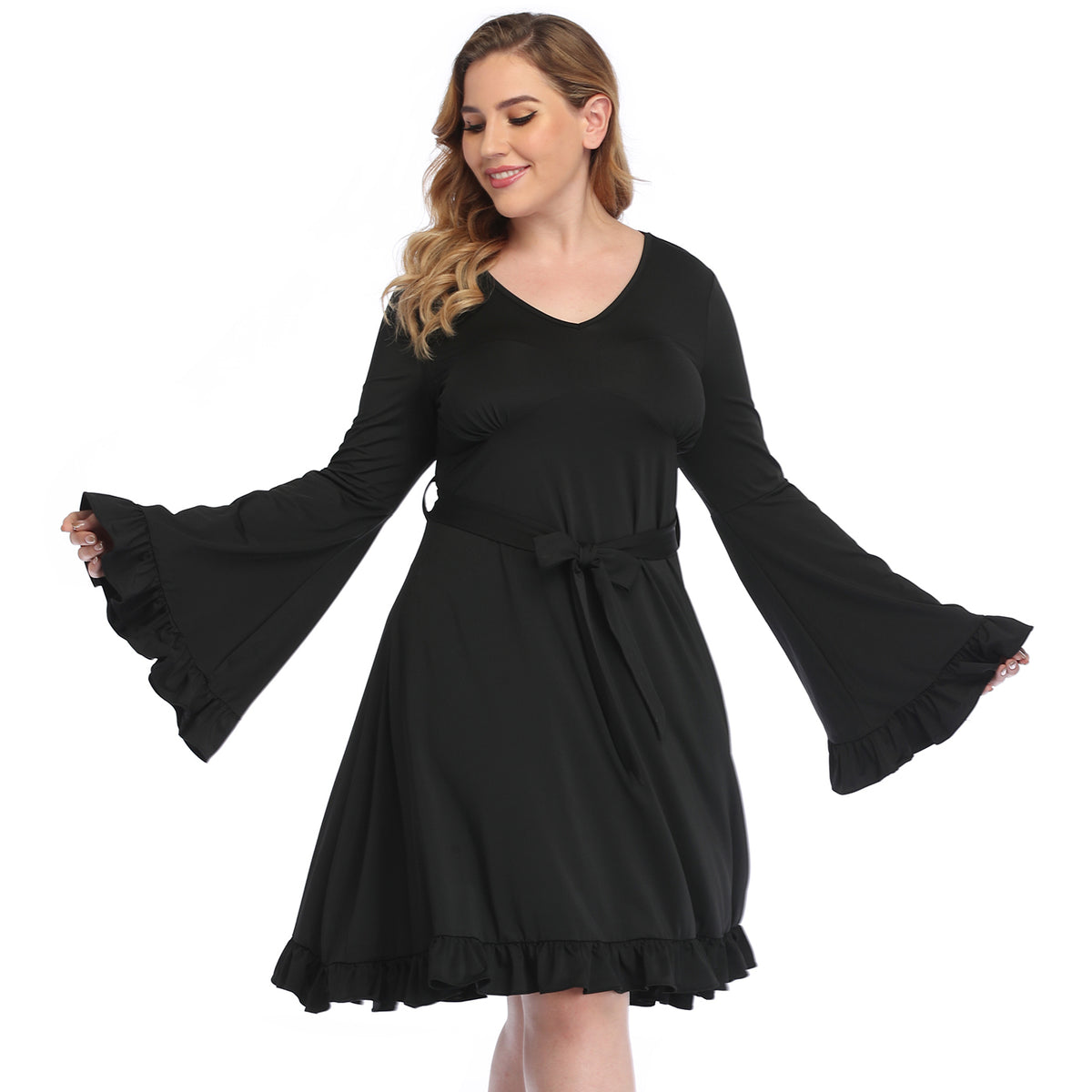 Black Bell Sleeve Dress Plus Size Boho in Black