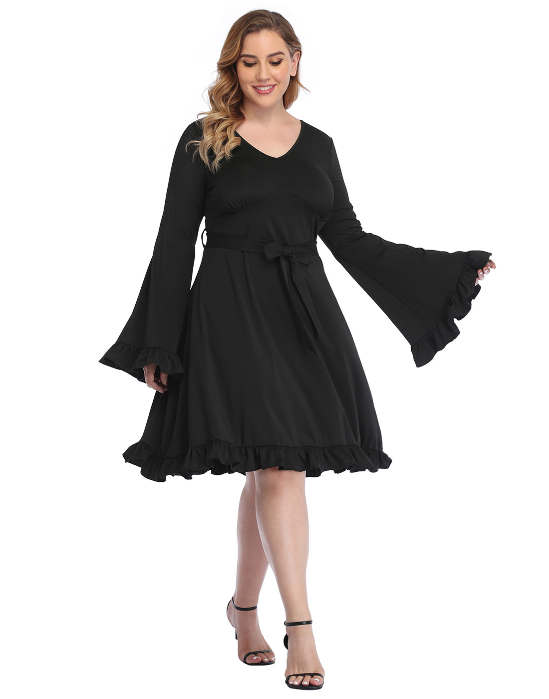 Black Bell Sleeve Dress Plus Size Boho – back view