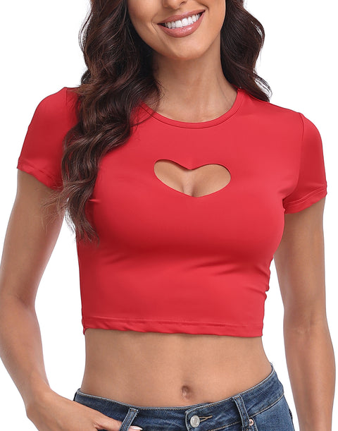 Heart Cut Out Crop Top Short Sleeve T Shirt