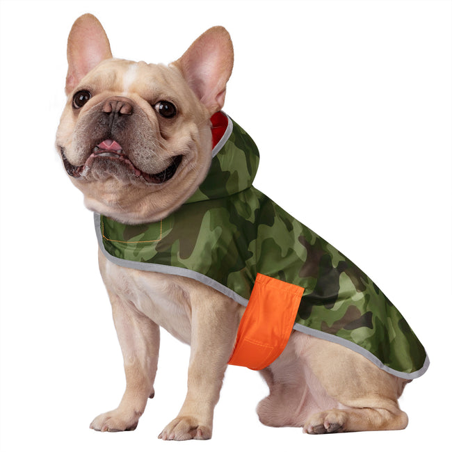 Reversible Dog Raincoat Orange Camo Hood – side view