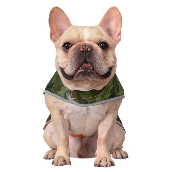 Reversible Dog Raincoat Orange Camo Hood – close-up detail