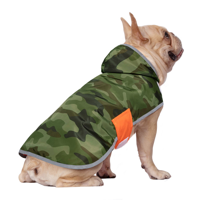 Reversible Dog Raincoat Orange Camo Hood – alternate view