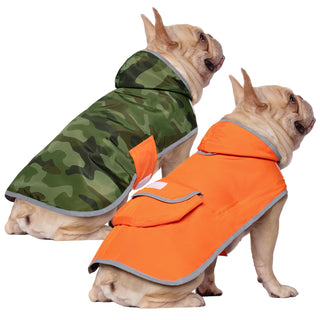 Reversible Dog Raincoat Orange Camo Hood in Camo / Orange