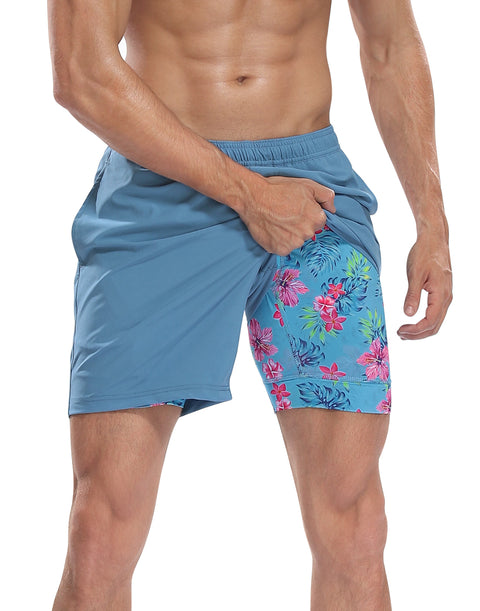 Blue Workout Shorts with Getting' Tropical Compression Liner 7 inch Inseam