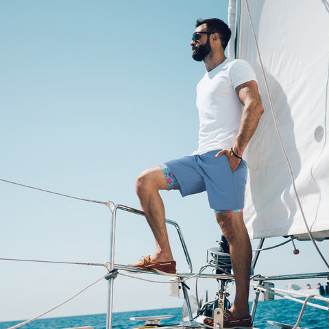 Blue Workout Shorts with Getting' Tropical Compression Liner 7 inch Inseam