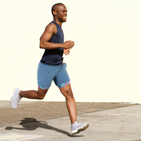 Blue Workout Shorts with Getting' Tropical Compression Liner 7 inch Inseam